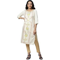 Aurelia Floral Viscose Rayon Round Neck Women's Kurtas (White, Medium)