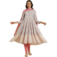 W For Woman Cream Floral Printed Flared Kurta, Tights & Dupatta Set (Size: M)-23Auws19720-121151