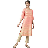 Aurelia Geometric Viscose Blend Round Neck Womens Kurta (Peach, Small)