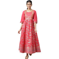 Aurelia Floral Cotton Round Neck Womens Ethnic Dress (Extra Large,Pink)