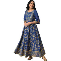 Aurelia Blue Foil Cotton Regular Kurta With Zari Embroidery