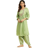 W For Woman Green Embroidered Kurta, Salwar And Pink Chiffon Dupatta Set (Size: 3Xl)-23Auws19714-220500