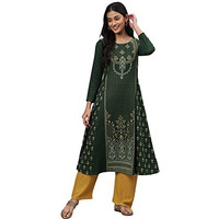 Aurelia Women Mountain View Cotton Blend Floral Yarn Dyed A-Line Kurta_22Noa13697-703480_Xxl Green
