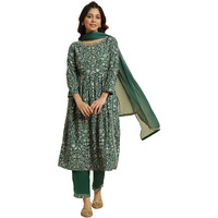 W For Woman Dark Green Floral Printed Kurta, Pants & Dupatta Set (Size: Xl)-23Auws19802-119880