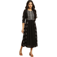W For Woman Black Printed Gathered Dress (Size: L)-23Auw19445-312982
