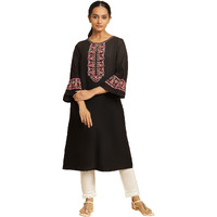 W For Woman Black Embroidered Rayon Blend Straight Long Kurta