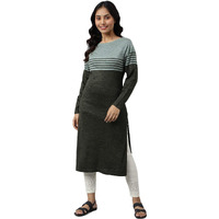 Green Colour Blocked Winter Kurta