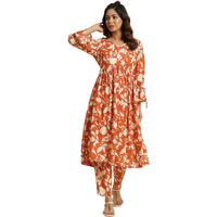 W For Woman Dark Orange Floral Printed Kurta & Pants Co-Ord Set (Size: 2Xl)-23Auws19208-120606