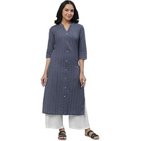 Aurelia Women's Sailor Blue Stripes Yarn Dyed Dobby Straight Kurta_23Aua14453-701987_S