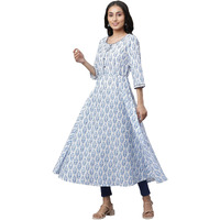 Aurelia White Leaf Print Cotton Anarkali Kurta For Women