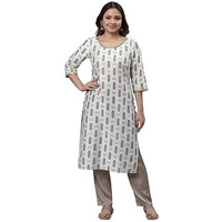 Aurelia Women's Pear White Geometric Print Viscose Straight Kurta_23Aua14456-505261_M