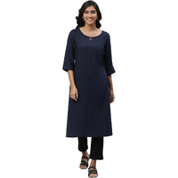Aurelia Women's Dark Navy Yarn Dyed Rayon Flax Kurta_23Aua12231-703476_L