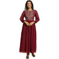 W For Woman Women Wine Heavy Embroidered Ankle Length Fit & Flare Festive Dress_23Auw19795-122789_M