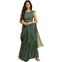 W For Woman Green Foil Printed Chiffon Sharara Saree Dress (Size: Xl)-23Auw19806-122175