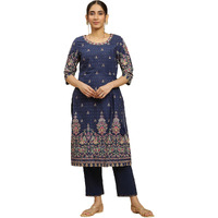 W For Woman Blue Floral Printed Cotton Khadi Straight Long Kurta