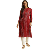 W For Woman Red Printed Mandarin Collar Casual Kurta (Size: S)-23Auw19925-312983
