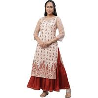 Aurelia Women's Paisley Printed Zari Straight Long Peach Kurta