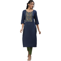 Aurelia Women's Blue Thread Embroidered Seer Sucker Kurta