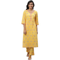 Aurelia Yellow Floral Printed Printed Lace Cotton Straight Long Kurta