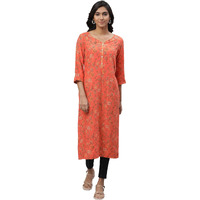 Aurelia Orange Floral Printed Printed Straight Long Kurta For Women