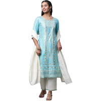 Aurelia Women Sea Jet Viscose Straight Kurta, Trousers, Dupatta Suit Set