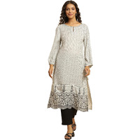 W For Woman White And Black Stripes Kurta With Schiffli Embroidery (Size: M)-23Auw10143-313355