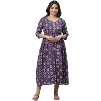 Aurelia Women's Purple Floral Printed Printed Cotton Regular Kurta