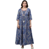 Aurelia Blue Floral Printed Printed Cotton Embroidered Regular Kurta