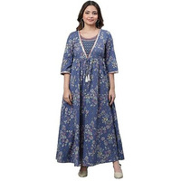 Aurelia Blue Floral Printed Printed Cotton Embroidered Regular Kurta