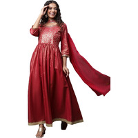 Aurelia Women Maroon Cotton Spray Printed Dress & Dupatta Set (23Auas14585-507713-Xl)