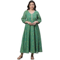 Aurelia Women's Green Floral Foil Printed Flared Kurta