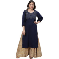 Aurelia Women's Blue Textured Rayon Embroidered Kurta