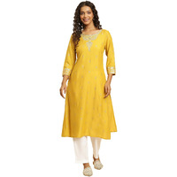 W For Woman Yellow Glitter Floral Printed Kurta With Embroidered Yoke (Size: S)-23Auw10293-121948
