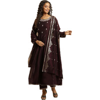 W For Woman Purple Flared Embroidered Kurta, Pants And Dupatta Set (Size: S)-23Auws10284-220796