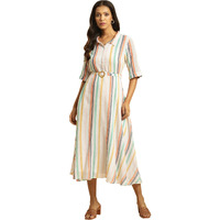 W For Woman Ecru Flared Dress With Belt In Multi-Coloured Stripe Print_23Auw10003-820550_S