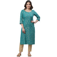 Aurelia Green Foil Pattern Cotton Straight Long Kurta