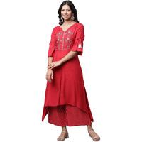 Aurelia Women's Red Viscose Asymmetrical Kurta, Palazzos Suit Set_23Auas14189-606174_Xl