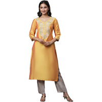 Aurelia Women Mustard Yellow Solid Solid Viscose Poly Straight Kurta