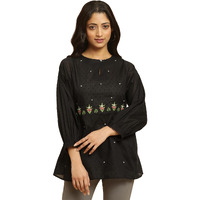 W Black Embroidered Cotton Tunic Top For Women