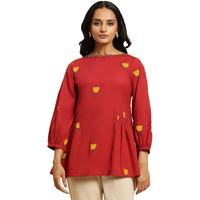 W For Woman Red Embroidered Cotton Tunic Top With Thread W For Womanork
