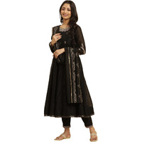 W For Woman Black Flared Metallic Embroidered Kurta, Pants And Dupatta Set (Size: Xs)-23Auws10284-221082