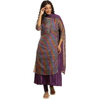 W For Woman Purple Striped Synthetic Zari Digital Kurta Dupatta Bottomwear