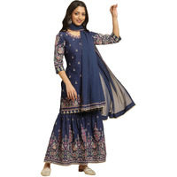 W For Woman Blue Floral Printed Kurta, Sharara And Dupatta Set (Size: S)-23Auws19881-121865