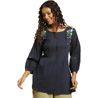 W Blue Embroidered Cotton Tunic Top With Beads For Women