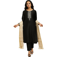 W For Woman Black Zari Embroidered Straight Kurta, Pant And Dupatta Set (Size: 2Xl)-23Auws10453-221087