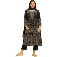 W For Woman Women's Polyester Kurta, Straight Pant & Shawl (23Nows10245-313412_Black