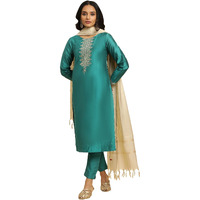W For Woman Teal Blue Zari Embroidered Straight Kurta, Pant And Dupatta Set (Size: Xl)-23Auws10453-221093