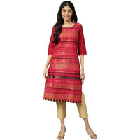 Aurelia Womens Geometric Printed Straight Cotton Zari Kurta | Lightweight Round Neck Kurta For Women Cotton | Geometric Printed Kurta For Women | Premium Regular Fit Kurta For Women Pink