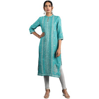 W For Woman Women's Viscose Floral Regular Kurta (23Auw13022-112987_Blue_16)