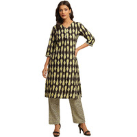 W Women Black Floral Print Cotton Kurta & Straight Pant_24Fews10734-123530_M